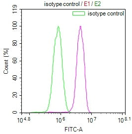 Overlay Peak curve showing A549 cells stained with CSB-RA984883A0HU (red line) at 1:100. The cells were fixed in 4% formaldehyde (15min) and permeated by 0.2% TritonX-100 for 10min. Then 10% normal goat serum to block non-specific protein-protein interactions followed by the antibody (1ug/1*10 6 cells) for 45min at 4℃.