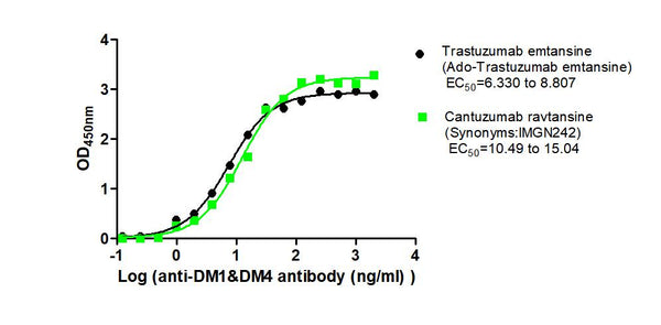 The Binding Activity of Trastuzumab emtansine (Ado-Trastuzumab emtansine) and Cantuzumab ravtansine (Synonyms:IMGN242) with Anti-DM1&DM4 antibodyActivity: Measured by its binding ability in a functional ELISA. Immobilized Trastuzumab emtansine (Ado-Trastuzumab emtansine) and Cantuzumab ravtansine (Synonyms:IMGN242) at 2 μg/mL can bind Anti-DM1&DM4 antibody, the EC<sub>50</sub> is 6.330 to 8.807 ng/mL and 10.49 to 15.04 ng/mL, respectively.