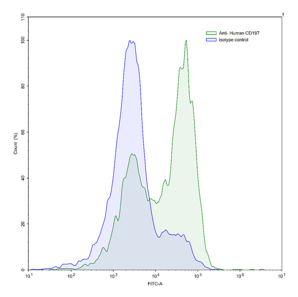 Flow-cytometry using anti-human CD197 antibody.Human peripheral blood lymphocytes were stained with an irrelevant antibody (Blue Histogram) or an anti-human CD197 antibody monoclonal antibody (Catalog # HB053207 ,Green Histogram) at a concentration of 5 µg/ml for 30 mins at RT. After washing, bound antibody was detected using a FITC conjugated goat anti-mouse antibody (Catalog # MF690414) and cells analysed on a NovoCyte Flow Cytometer.
