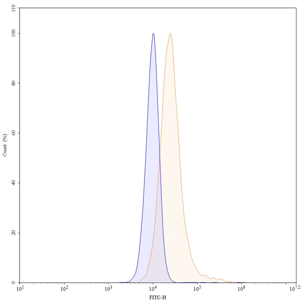Flow-cytometry using anti-human CD120b antibody. CD120b Transfected CHO cells were stained with an irrelevant antibody  (Blue  Histogram) or an anti-human CD120b antibody monoclonal antibody (Catalog # HB070107 , Green  Histogram) at a concentration of 5 µg/ml for 30 mins at RT. After washing, bound antibody was detected using a FITC conjugated goat anti-mouse antibody (Catalog # MF690414) and cells analysed on a NovoCyte Flow Cytometer.
