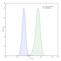 Flow-cytometry using anti-human CD155 antibody.HeLa cells were stained with an irrelevant antibody (Blue Histogram) or an anti-human CD155 antibody monoclonal antibody (Catalog # HB135107 ,Green Histogram) at a concentration of 5 µg/ml for 30 mins at RT. After washing, bound antibody was detected using a FITC conjugated goat anti-mouse antibody (Catalog # MF690414) and cells analysed on a NovoCyte Flow Cytometer.