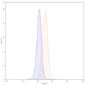 Flow-cytometry using FITC anti-human CD105 antibody. Hela cells were stained with an irrelevant antibody (Blue Histogram) or an FITC anti-human CD105 monoclonal antibody (Catalog: HB604117, Yellow Histogram) at a concentration of 5 µg/ml for 30 mins at RT. After washing, and cells analysed on a NovoCyte Flow Cytometer.