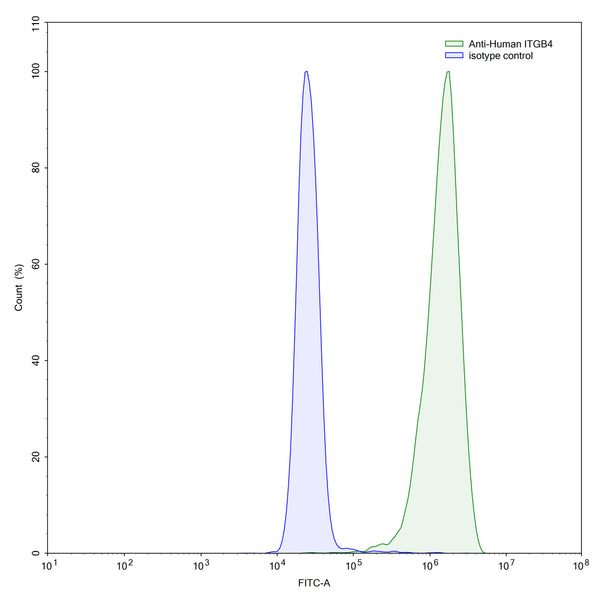 Flow-cytometry using anti-human ITGB4 antibody.A549 cells were stained with an irrelevant antibody (Blue Histogram) or an anti-human ITGB4 antibody monoclonal antibody (Catalog # HB684107 ,Green Histogram) at a concentration of 5 µg/ml for 30 mins at RT. After washing, bound antibody was detected using a FITC conjugated goat anti-mouse antibody (Catalog # MF690414) and cells analysed on a NovoCyte Flow Cytometer.