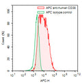Flow-cytometry using APC anti-human CD38 antibody. RPMI-8226 cells were stained with an irrelevant antibody (Green Histogram) or an APC anti-human CD38 antibody monoclonal antibody (Catalog # HB691237, Red Histogram) at a concentration of 5 µg/ml for 30 mins at RT. After washing, cells analysed on a NovoCyte Flow Cytometer.