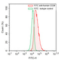 Flow-cytometry using FITC anti-Human CD38 antibody. RPMI-8226 cells were stained with an irrelevant antibody  (Green Histogram) or a FITC anti-Human CD38 antibody monoclonal antibody (Catalog # HB691617 , Red Histogram) at a concentration of 5 µg/ml for 30 mins at RT. After washing, cells analysed on a NovoCyte Flow Cytometer.