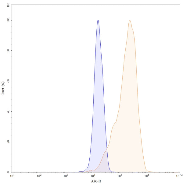 Flow-cytometry using APC anti-human CTGF antibody. MG-63 cells were fixed and permeabilized, then stained with an irrelevant antibody (Blue Histogram) or an APC anti-human CTGF monoclonal antibody (Catalog: HB719137, Yellow Histogram) at a concentration of 5 µg/ml for 30 mins at RT. After washing, cells analysed on a NovoCyte Flow Cytometer.