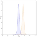 Flow-cytometry using PE anti-human CD40 antibody. U2OS cells were stained with an irrelevant antibody (Blue Histogram) or an PE anti-human CD40 monoclonal antibody (Catalog: HB782227, Yellow Histogram) at a concentration of 5 µg/ml for 30 mins at RT. After washing, and cells analysed on a NovoCyte Flow Cytometer.
