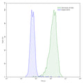 Flow-cytometry using anti-human CD140a antibody.CD140a Transfected CHO cells were stained with an irrelevant antibody (Blue Histogram) or an anti-human CD140a antibody monoclonal antibody (Catalog # HB927107 ,Green Histogram) at a concentration of 5 µg/ml for 30 mins at RT. After washing, bound antibody was detected using a FITC conjugated goat anti-mouse antibody (Catalog # MF690414) and cells analysed on a NovoCyte Flow Cytometer.
