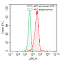 Flow-cytometry using APC anti-human CD21 antibody. Raji cells were stained with an irrelevant antibody (Green Histogram) or an APC anti-human CD21 antibody monoclonal antibody (Catalog # HB939137, Red Histogram) at a concentration of 5 µg/ml for 30 mins at RT. After washing, cells analysed on a NovoCyte Flow Cytometer.