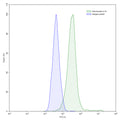 Flow-cytometry using anti-human IL10 antibody.IL10 Transfected CHO cells were stained with an irrelevant antibody (Blue Histogram) or an anti-human IL10 antibody monoclonal antibody (Catalog # HB997107 ,Green Histogram) at a concentration of 5 µg/ml for 30 mins at RT. After washing, bound antibody was detected using a FITC conjugated goat anti-mouse antibody (Catalog # MF690414) and cells analysed on a NovoCyte Flow Cytometer.