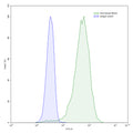 Flow-cytometry using anti-human MSLN antibody.HeLa cells were stained with an irrelevant antibody (Blue Histogram) or an anti-human MSLN antibody monoclonal antibody (Catalog # HC496107 ,Green Histogram) at a concentration of 5 µg/ml for 30 mins at RT. After washing, bound antibody was detected using a FITC conjugated goat anti-mouse antibody (Catalog # MF690414) and cells analysed on a NovoCyte Flow Cytometer.