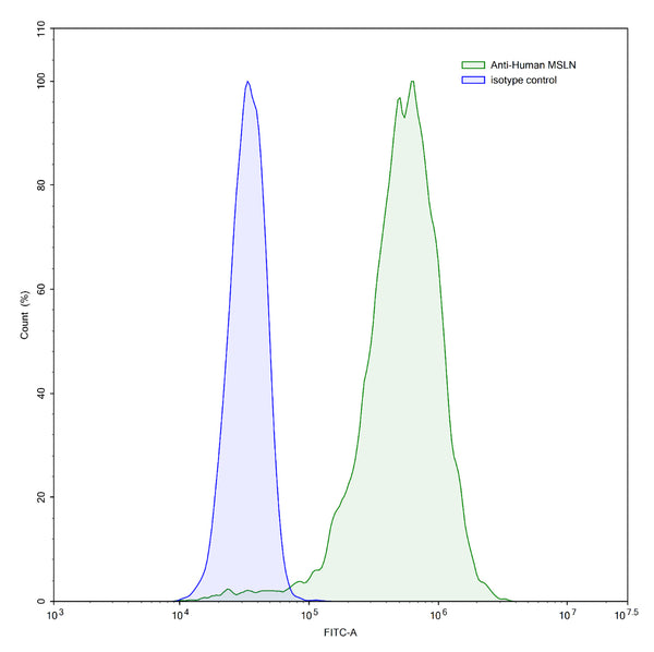Flow-cytometry using anti-human MSLN antibody.HeLa cells were stained with an irrelevant antibody (Blue Histogram) or an anti-human MSLN antibody monoclonal antibody (Catalog # HC496107 ,Green Histogram) at a concentration of 5 µg/ml for 30 mins at RT. After washing, bound antibody was detected using a FITC conjugated goat anti-mouse antibody (Catalog # MF690414) and cells analysed on a NovoCyte Flow Cytometer.
