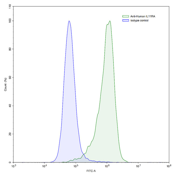 Flow-cytometry using anti-human IL11RA antibody.IL11RA Transfected CHO cells were stained with an irrelevant antibody (Blue Histogram) or an anti-human IL11RA antibody monoclonal antibody (Catalog # HC604013 ,Green Histogram) at a concentration of 5 µg/ml for 30 mins at RT. After washing, bound antibody was detected using a FITC conjugated goat anti-human antibody (Catalog # HF690414) and cells analysed on a NovoCyte Flow Cytometer.