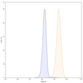 Flow-cytometry using FITC anti-human EGFR antibody. A431 cells were stained with an irrelevant antibody (Blue Histogram) or an FITC anti-human EGFR monoclonal antibody (Catalog: HF004317, Yellow Histogram) at a concentration of 5 µg/ml for 30 mins at RT. After washing, and cells analysed on a NovoCyte Flow Cytometer.