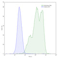 Flow-cytometry using anti-human TNFa antibody.TNFa Transfected CHO cells were stained with an irrelevant antibody (Blue Histogram) or an anti-human TNFa antibody monoclonal antibody (Catalog # HF879053 ,Green Histogram) at a concentration of 5 µg/ml for 30 mins at RT. After washing, bound antibody was detected using a FITC conjugated goat anti-human antibody (Catalog # HF690414) and cells analysed on a NovoCyte Flow Cytometer.