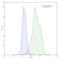 Flow-cytometry using anti-human IL17A antibody.IL17A Transfected CHO cells were stained with an irrelevant antibody (Blue Histogram) or an anti-human IL17A antibody monoclonal antibody (Catalog # HS856107 ,Green Histogram) at a concentration of 5 µg/ml for 30 mins at RT. After washing, bound antibody was detected using a FITC conjugated goat anti-mouse antibody (Catalog # MF690414) and cells analysed on a NovoCyte Flow Cytometer.