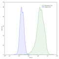 Flow-cytometry using anti-human IL17A antibody.IL17A Transfected CHO cells were stained with an irrelevant antibody (Blue Histogram) or an anti-human IL17A antibody monoclonal antibody (Catalog # HS856207 ,Green Histogram) at a concentration of 5 µg/ml for 30 mins at RT. After washing, bound antibody was detected using a FITC conjugated goat anti-human antibody (Catalog # HF690414) and cells analysed on a NovoCyte Flow Cytometer.