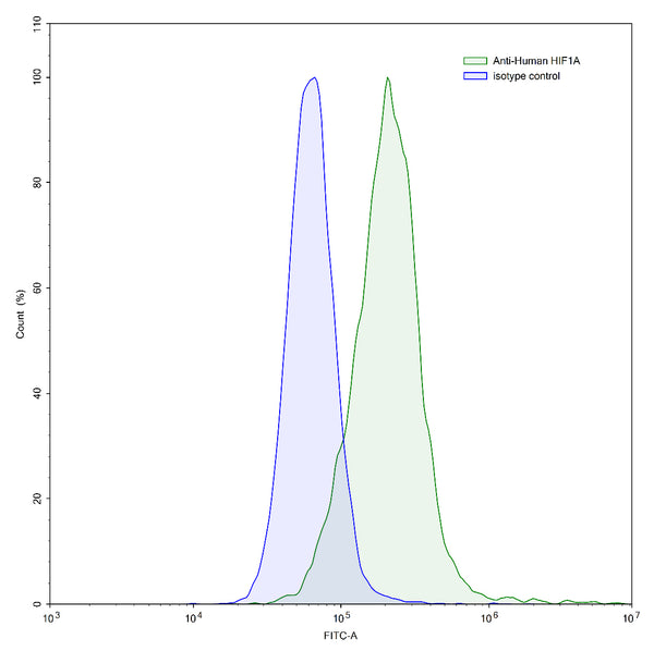 Flow-cytometry using anti-human HIF1A antibody.HeLa cells were stained with an irrelevant antibody (Blue Histogram) or an anti-human HIF1A antibody monoclonal antibody (Catalog # HS858013 ,Green Histogram) at a concentration of 5 µg/ml for 30 mins at RT. After washing, bound antibody was detected using a FITC conjugated goat anti-mouse antibody (Catalog # MF690414) and cells analysed on a NovoCyte Flow Cytometer.