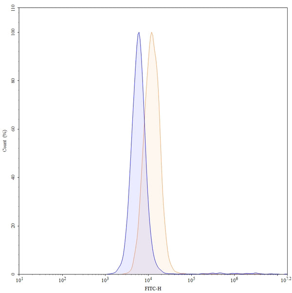 Flow-cytometry using FITC anti-human FZD1 antibody. THP-1 cells were stained with an irrelevant antibody (Blue Histogram) or an FITC anti-human FZD1 monoclonal antibody (Catalog: HV162117, Yellow Histogram) at a concentration of 5 µg/ml for 30 mins at RT. After washing, and cells analysed on a NovoCyte Flow Cytometer.
