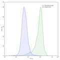 Flow-cytometry using anti-human PCSK9 antibody.PCSK9 Transfected CHO cells were stained with an irrelevant antibody (Blue Histogram) or an anti-human PCSK9 antibody monoclonal antibody (Catalog # HV275207 ,Green Histogram) at a concentration of 5 µg/ml for 30 mins at RT. After washing, bound antibody was detected using a FITC conjugated goat anti-human antibody (Catalog # HF690414) and cells analysed on a NovoCyte Flow Cytometer.