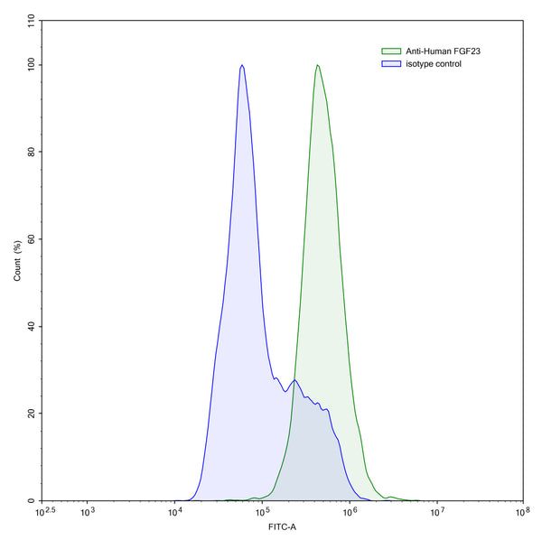 Flow-cytometry using anti-human FGF23 antibody.FGF23 Transfected CHO cells were stained with an irrelevant antibody (Blue Histogram) or an anti-human FGF23 antibody monoclonal antibody (Catalog # HV625107 ,Green Histogram) at a concentration of 5 µg/ml for 30 mins at RT. After washing, bound antibody was detected using a FITC conjugated goat anti-mouse antibody (Catalog # MF690414) and cells analysed on a NovoCyte Flow Cytometer.