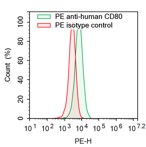 Flow-cytometry using PE anti-Human CD80 antibody. Raji cells were stained with an irrelevant antibody  (Red Histogram) or a PE anti-Human CD80 antibody monoclonal antibody (Catalog # HW630227 , Green Histogram) at a concentration of 5 µg/ml for 30 mins at RT. After washing, cells analysed on a NovoCyte Flow Cytometer.
