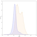 Flow-cytometry using PE anti-Mouse CD83 antibody. Unstimulated cells (blue Histogram) and 3-day LPS-stimulated Mouse spleen cells (Yellow Histogram) were stained with an FITC anti-Mouse CD83 monoclonal antibody (Catalog: HX237127) at a concentration of 5 µg/ml for 30 mins at RT. After washing, cells analysed on a NovoCyte Flow Cytometer.