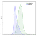 Flow-cytometry using anti-human CD51 antibody.CD51 Transfected CHO cells were stained with an irrelevant antibody (Blue Histogram) or an anti-human CD51 antibody monoclonal antibody (Catalog # HY065107 ,Green Histogram) at a concentration of 5 µg/ml for 30 mins at RT. After washing, bound antibody was detected using a FITC conjugated goat anti-mouse antibody (Catalog # MF690414) and cells analysed on a NovoCyte Flow Cytometer.