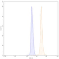 Flow-cytometry using FITC anti-human MAPT antibody. SH-SY5Y cells were fixed and permeabilized, then stained with an irrelevant antibody (Blue Histogram) or an FITC anti-human MAPT monoclonal antibody (Catalog HY086217, Yellow Histogram) at a concentration of 5 µg/ml for 30 mins at RT. After washing, cells analysed on a NovoCyte Flow Cytometer.