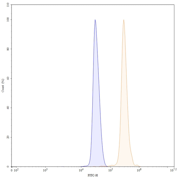 Flow-cytometry using FITC anti-human MAPT antibody. SH-SY5Y cells were fixed and permeabilized, then stained with an irrelevant antibody (Blue Histogram) or an FITC anti-human MAPT monoclonal antibody (Catalog HY086217, Yellow Histogram) at a concentration of 5 µg/ml for 30 mins at RT. After washing, cells analysed on a NovoCyte Flow Cytometer.