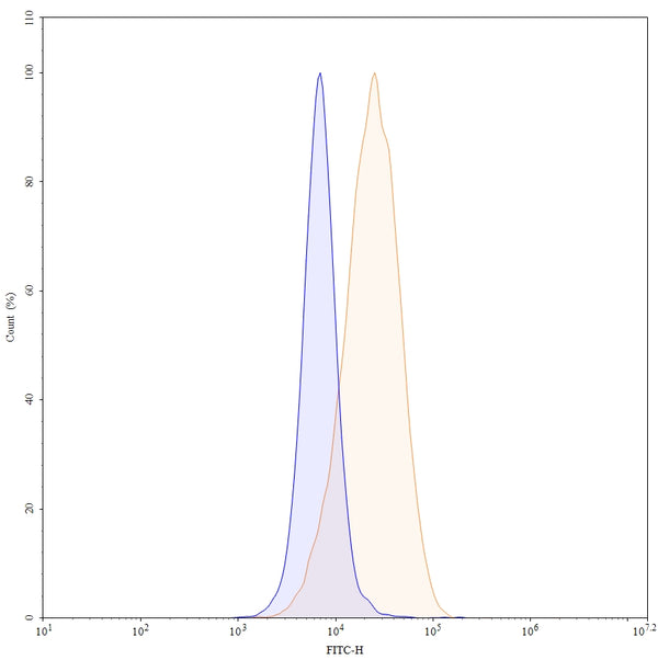 Flow-cytometry using FITC anti-human CD117 antibody. HEL cells were stained with an irrelevant antibody (Blue Histogram) or an FITC anti-human CD116 monoclonal antibody (Catalog: HY163117, Yellow Histogram) at a concentration of 5 µg/ml for 30 mins at RT. After washing, and cells analysed on a NovoCyte Flow Cytometer.