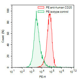 Flow-cytometry using PE anti-human CD20 antibody. Daudi cells were stained with an irrelevant antibody (Green Histogram) or a PE anti-human CD20 antibody monoclonal antibody (Catalog # HY257127, Red Histogram) at a concentration of 5 µg/ml for 30 mins at RT. After washing, cells analysed on a NovoCyte Flow Cytometer.