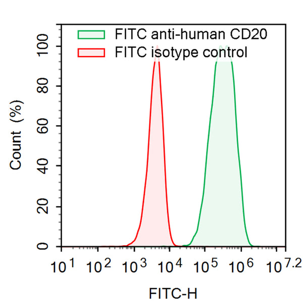 Flow-cytometry using FITC anti-Human CD20 antibody. Daudi cells were stained with an irrelevant antibody  (Red Histogram) or a FITC anti-Human CD20 antibody monoclonal antibody (Catalog # HY257517 , Green Histogram) at a concentration of 5 µg/ml for 30 mins at RT. After washing, cells analysed on a NovoCyte Flow Cytometer.