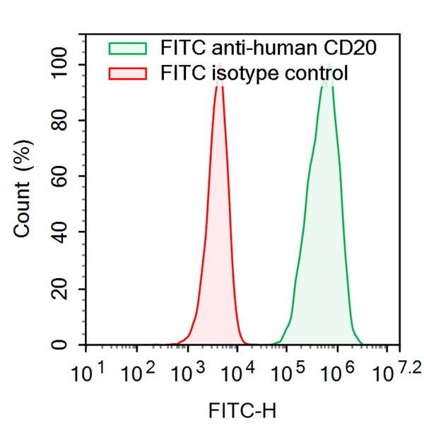 Flow-cytometry using FITC anti-Human CD20 antibody. Daudi cells were stained with an irrelevant antibody  (Red Histogram) or a FITC anti-Human CD20 antibody monoclonal antibody (Catalog # HY257617 , Green Histogram) at a concentration of 5 µg/ml for 30 mins at RT. After washing, cells analysed on a NovoCyte Flow Cytometer.