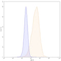 Flow-cytometry using APC anti-human CD54 antibody. RPMI-8226 cells were stained with an irrelevant antibody (Blue Histogram) or an APC anti-human CD54 monoclonal antibody (Catalog: HY321137, Yellow Histogram) at a concentration of 5 µg/ml for 30 mins at RT. After washing, cells analysed on a NovoCyte Flow Cytometer.