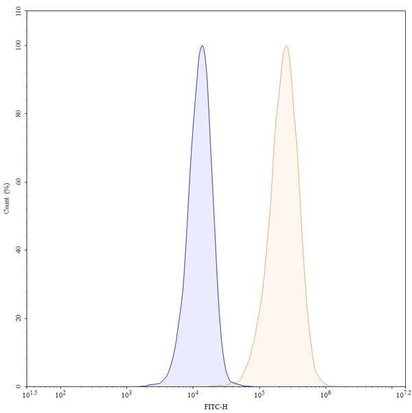 Flow-cytometry using FITC anti-human CD54 antibody. RPMI-8226 cells were stained with an irrelevant antibody (Blue Histogram) or an FITC anti-human CD54 monoclonal antibody (Catalog: HY321217, Yellow Histogram) at a concentration of 5 µg/ml for 30 mins at RT. After washing, cells analysed on a NovoCyte Flow Cytometer.