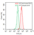 Flow-cytometry using FITC anti-human CD10/MME antibody. Daudi cells were stained with an irrelevant antibody (Green Histogram) or a FITC anti-human CD10/MME antibody monoclonal antibody (Catalog # HY401117, Red Histogram) at a concentration of 5 µg/ml for 30 mins at RT. After washing, cells analysed on a NovoCyte Flow Cytometer.