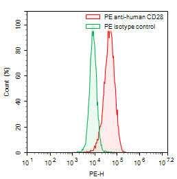 Flow-cytometry using PE anti-human CD28 antibody. RPMI-8226 cells were stained with an irrelevant antibody (Green Histogram) or a PE anti-human CD28 antibody monoclonal antibody (Catalog # HY422127, Red Histogram) at a concentration of 5 µg/ml for 30 mins at RT. After washing, cells analysed on a NovoCyte Flow Cytometer.