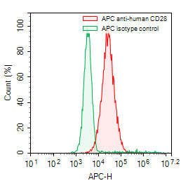 Flow-cytometry using APC anti-human CD28 antibody. RPMI-8226 cells were stained with an irrelevant antibody (Green Histogram) or an APC anti-human CD28 antibody monoclonal antibody (Catalog # HY422137, Red Histogram) at a concentration of 5 µg/ml for 30 mins at RT. After washing, cells analysed on a NovoCyte Flow Cytometer.