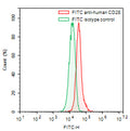 Flow-cytometry using FITC anti-human CD28 antibody. RPMI-8226 cells were stained with an irrelevant antibody (Green Histogram) or a FITC anti-human CD28 antibody monoclonal antibody (Catalog # HY422217, Red Histogram) at a concentration of 5 µg/ml for 30 mins at RT. After washing, cells analysed on a NovoCyte Flow Cytometer.