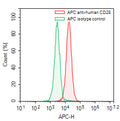Flow-cytometry using APC anti-human CD28 antibody. RPMI-8226 cells were stained with an irrelevant antibody (Green Histogram) or an APC anti-human CD28 antibody monoclonal antibody (Catalog # HY422237, Red Histogram) at a concentration of 5 µg/ml for 30 mins at RT. After washing, cells analysed on a NovoCyte Flow Cytometer.