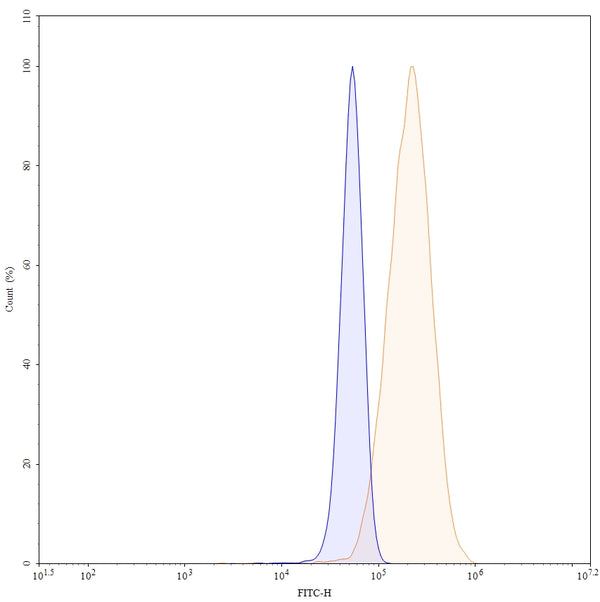 Flow-cytometry using FITC anti-human CSF1 antibody. MG-63 cells were fixed and permeabilized, then stained with an irrelevant antibody (Blue Histogram) or an FITC anti-human CSF1 monoclonal antibody (Catalog: HY515117, Yellow Histogram) at a concentration of 5 µg/ml for 30 mins at RT. After washing, cells analysed on a NovoCyte Flow Cytometer.