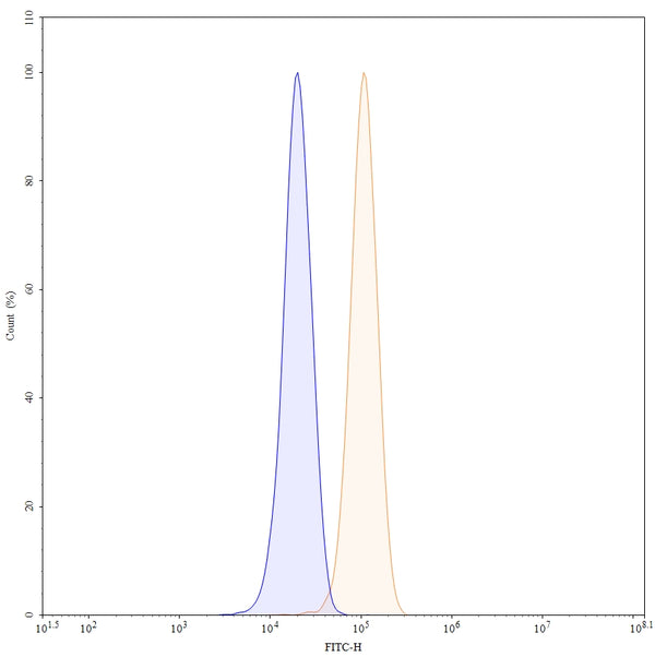 Flow-cytometry using FITC anti-human VIM antibody. U251 cells were fixed and permeabilized, then stained with an irrelevant antibody (Blue Histogram) or an FITC anti-human VIM monoclonal antibody (Catalog: HY550117, Yellow Histogram) at a concentration of 5 µg/ml for 30 mins at RT. After washing, cells analysed on a NovoCyte Flow Cytometer.