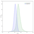 Flow-cytometry using anti-human VIM antibody.VIM/Vimentin Transfected HI5 cells were stained with an irrelevant antibody (Blue Histogram) or an anti-human VIM antibody monoclonal antibody (Catalog # HY550207 ,Green Histogram) at a concentration of 5 µg/ml for 30 mins at RT. After washing, bound antibody was detected using a FITC conjugated goat anti-mouse antibody (Catalog # MF690414) and cells analysed on a NovoCyte Flow Cytometer.