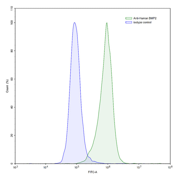 Flow-cytometry using anti-human BMP2 antibody.HeLa cells were stained with an irrelevant antibody (Blue Histogram) or an anti-human BMP2 antibody monoclonal antibody (Catalog # HY576107 ,Green Histogram) at a concentration of 5 µg/ml for 30 mins at RT. After washing, bound antibody was detected using a FITC conjugated goat anti-mouse antibody (Catalog # MF690414) and cells analysed on a NovoCyte Flow Cytometer.