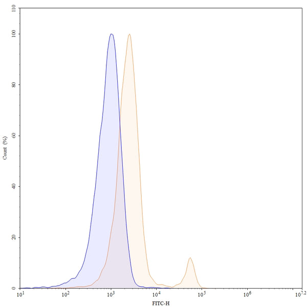 Flow-cytometry using FITC anti-Mouse CD8a antibody. Jurkat cells were stained with an irrelevant antibody (Blue Histogram) or an FITC anti-Mouse CD8a monoclonal antibody (Catalog: MF815217, Yellow Histogram) at a concentration of 5 µg/ml for 30 mins at RT. After washing, cells analysed on a NovoCyte Flow Cytometer.