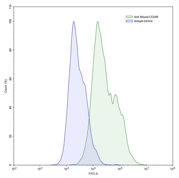 Flow-cytometry using anti-mouse CD248 antibody.CD248 Transfected CHO cells were stained with an irrelevant antibody (Blue Histogram) or an anti-mouse CD248 antibody monoclonal antibody (Catalog # MV681207 ,Green Histogram) at a concentration of 5 µg/ml for 30 mins at RT. After washing, bound antibody was detected using a FITC conjugated goat anti-mouse antibody (Catalog # MF690414) and cells analysed on a NovoCyte Flow Cytometer.