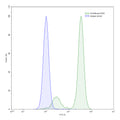 Flow-cytometry using anti-mouse CD45 antibody.Raw264.7 cells were stained with an irrelevant antibody (Blue Histogram) or an anti-mouse CD45 antibody monoclonal antibody (Catalog # MY195107 ,Green Histogram) at a concentration of 5 µg/ml for 30 mins at RT. After washing, bound antibody was detected using a FITC conjugated goat anti-mouse antibody (Catalog # MF690414) and cells analysed on a NovoCyte Flow Cytometer.