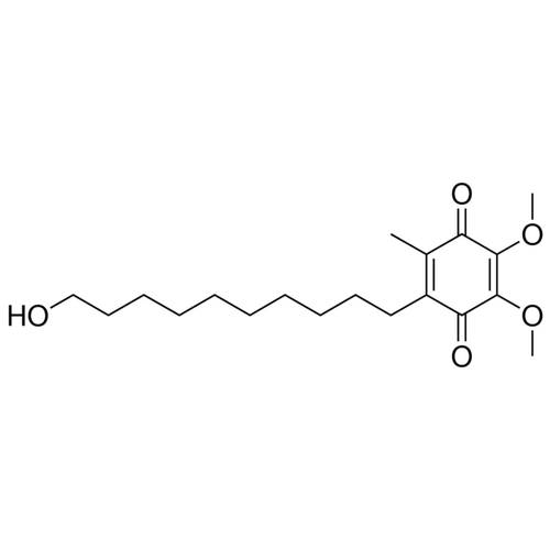Chemical structure of Idebenone (SIH-150), a Quinone antioxidant and free radical scavenger. CAS #: 58186-27-9. Molecular Formula: C19H30O5. Molecular Weight: 338.44 g/mol.