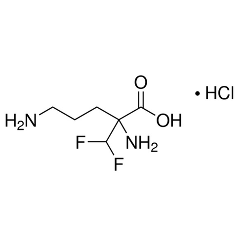Chemical structure of Difluoromethylornithine (SIH-200), a Inhibits polyamine biosynthesis. CAS #: 70052-12-9. Molecular Formula: C6H12F2N2O2 * HCl. Molecular Weight: 218.63 g/mol.
